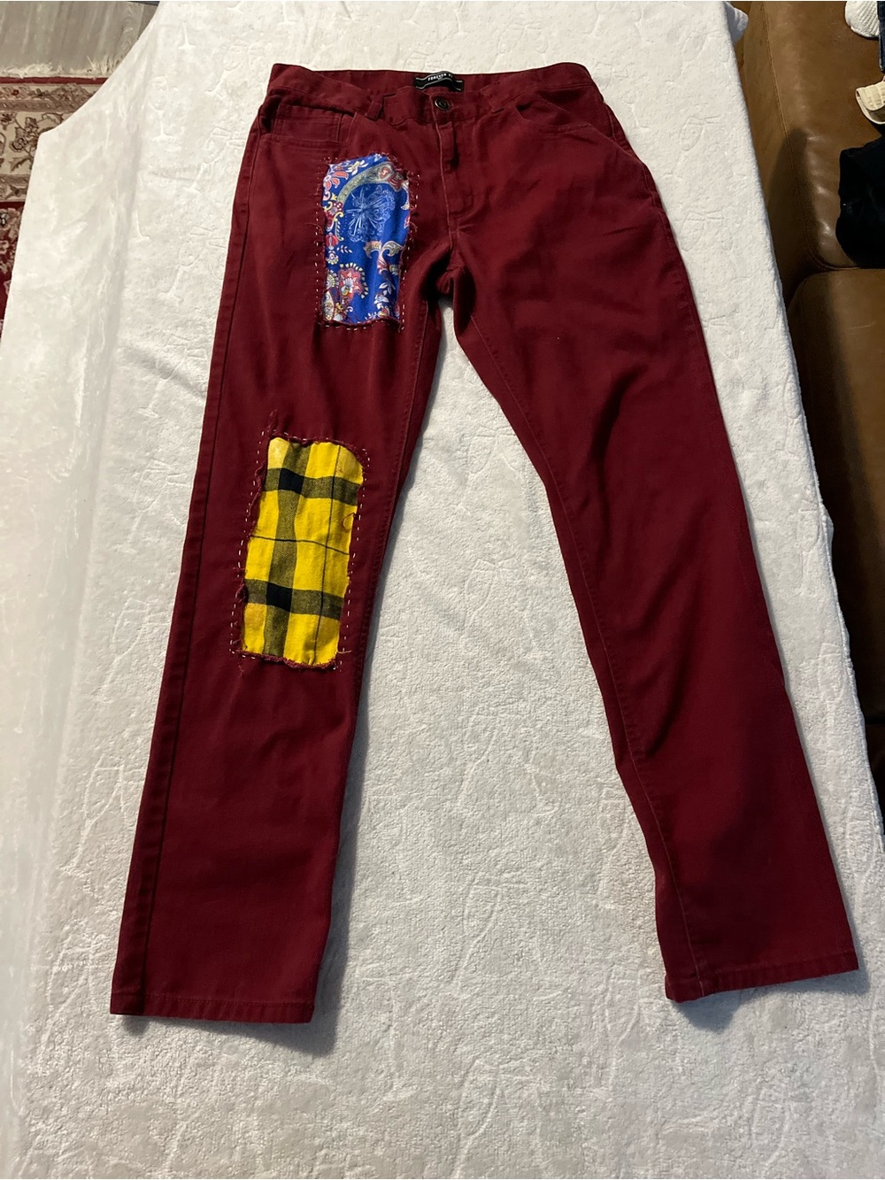 Forever 21 Men's Maroon Slim Straight Jeans with Paisley & Plaid Patches